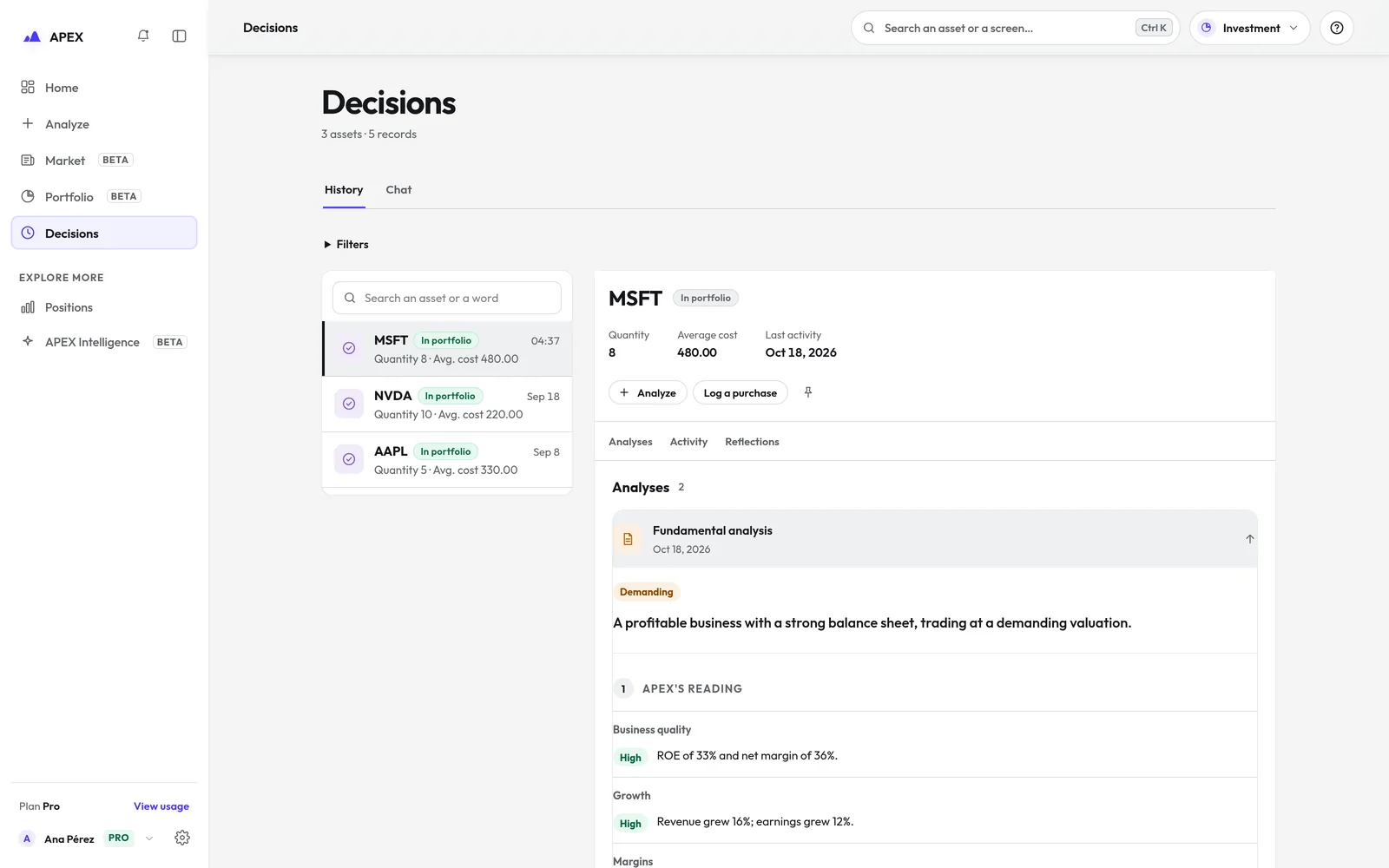 APEX Decisions screen with sample saved analyses