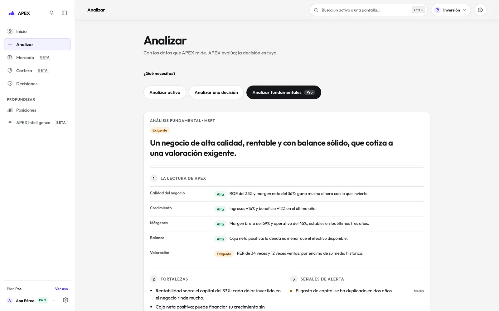 Análisis fundamental de Microsoft en APEX con datos de ejemplo