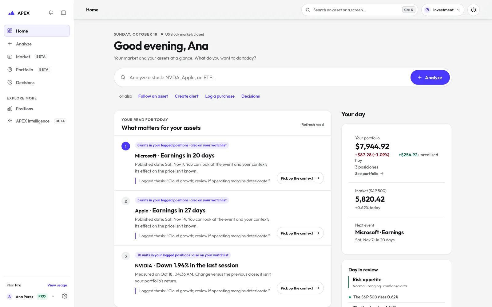 APEX investment dashboard with sample data