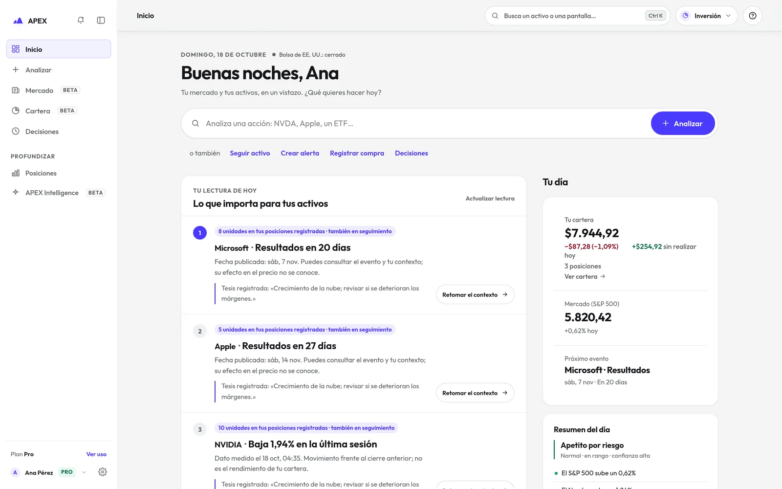 Pantalla Inicio de APEX en Investment Mode