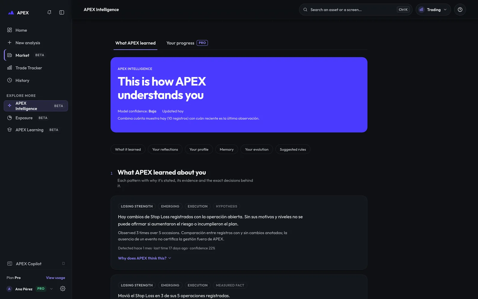 APEX Intelligence screen: patterns with their evidence