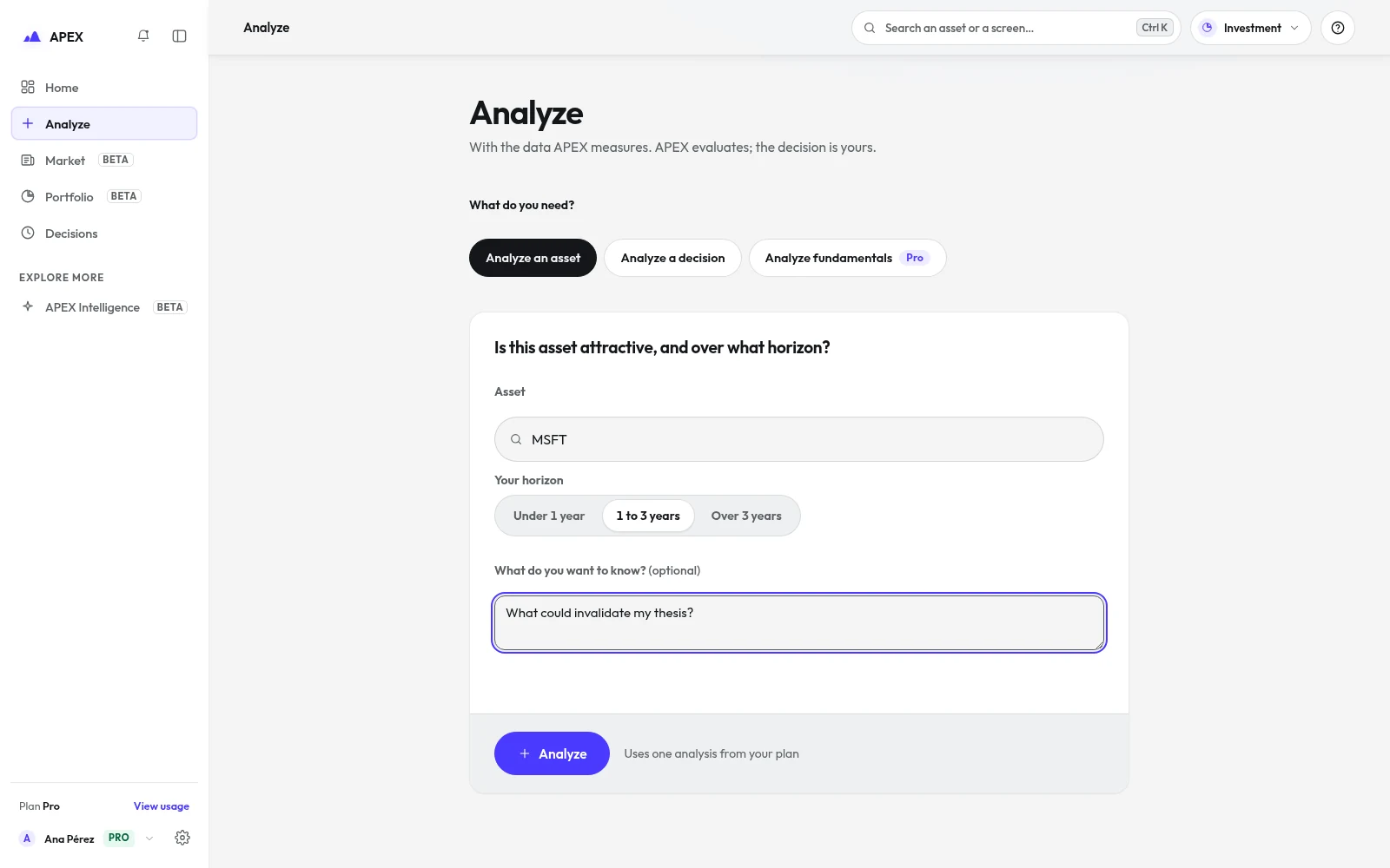 APEX analysis form with an asset and horizon