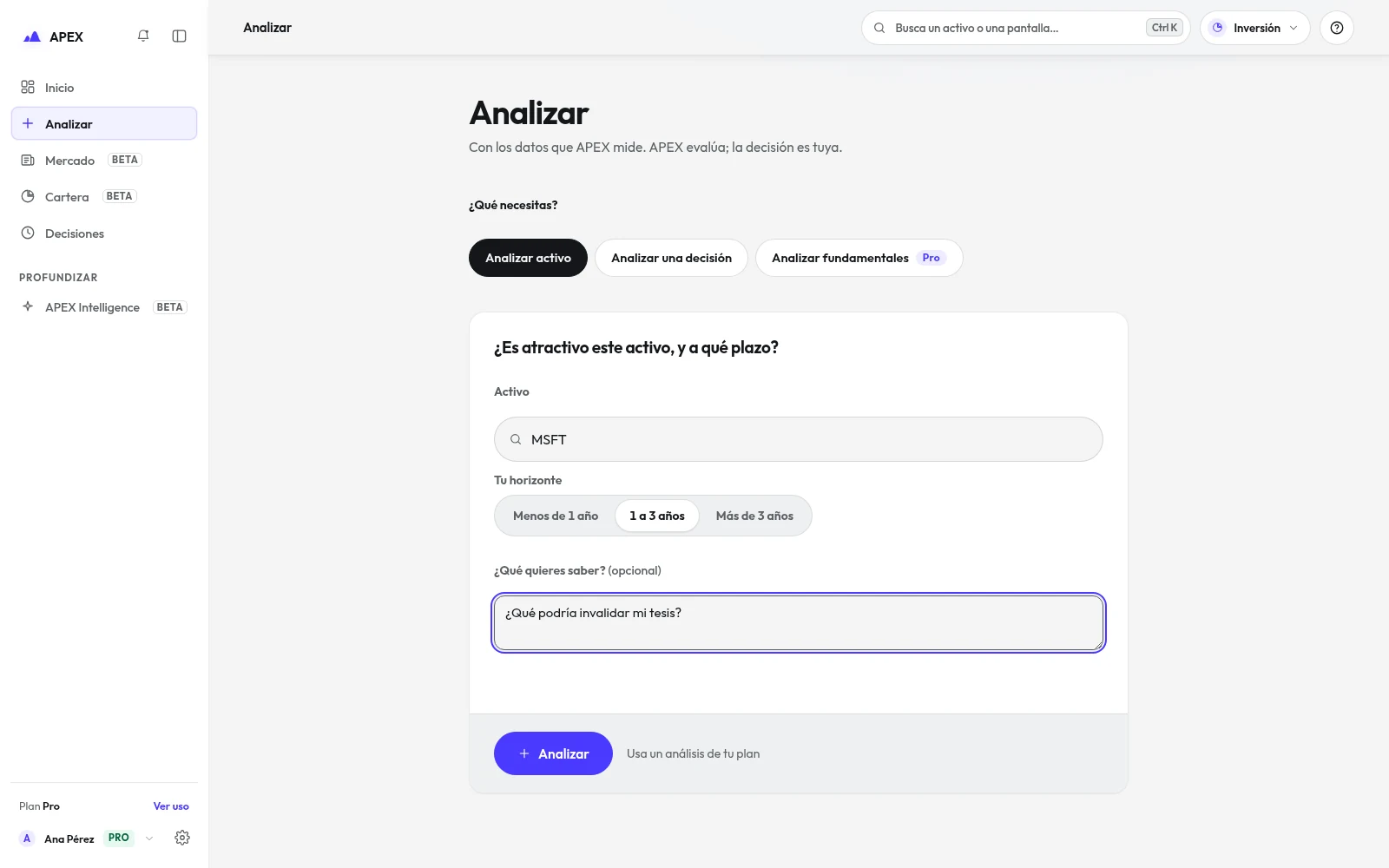 Formulario Analizar de APEX con activo y horizonte