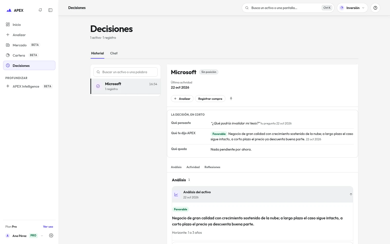 Mis decisiones de APEX con análisis y tesis guardados
