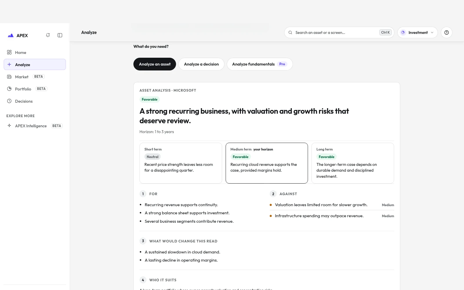 APEX analysis result for Microsoft with sample data